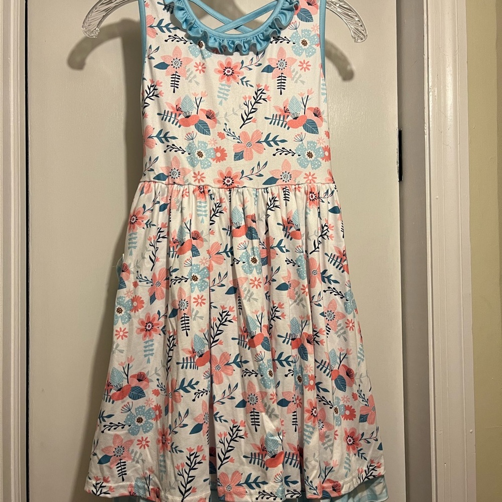 Sleeveless Floral Swing Dress in White with Pink & Light Blue